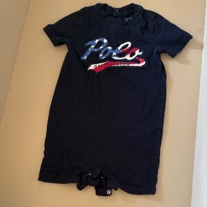 Ralph Lauren Navy Baby Short Sleeve Romper with Patriotic Polo Script